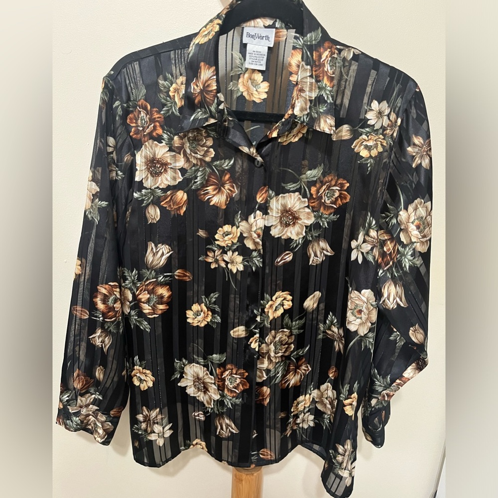Black Sheer Floral Button Up